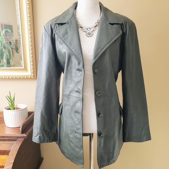 Vintage Jackets & Blazers - Vintage 70s Dark Green Oversized Leather Jacket Wide Collar Lapel Size Large